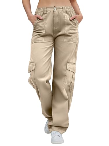 IFFEI Womens Cargo Pants High Waisted Wide Leg Trousers Baggy Multiple Pockets Hiking Pants