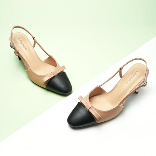 C.Paravano Women's Slingback | Women's Pumps | Low Chunky Heel | Block Heel Pumps | Splicing Bowknot3
