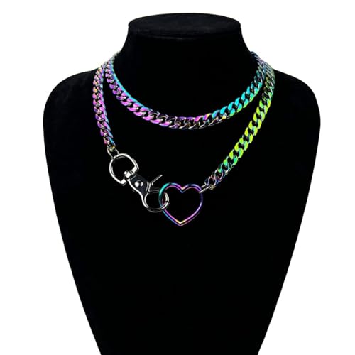 Slip Chain Rainbow Chunky Necklace for Women, Heart Cuban Long Layered Jewelry, Adjustable Thick Collar Necklace Heart Loop Choker2