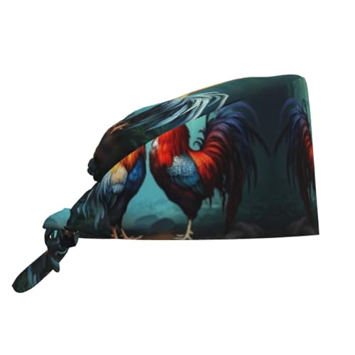 YYHHAOFA Breathable Work Hat Cute Rooster Chickens Printed for Chef, Nursing, Spa, Facial Care, Fitness Black
