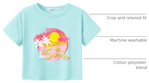 Image of Dvenki Girls Graphics Crop Short Sleeve Crewneck Tee Size 6-18 | soft cotton blend fabric, cropped short hem, fun graphic print, casual summer tops for school and vacation