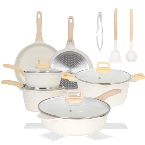 17Piece Kitchen Cookware Set, Non Stick Pots and Pans Set, Induction Cookware with Utensil and Pan Protectors, White