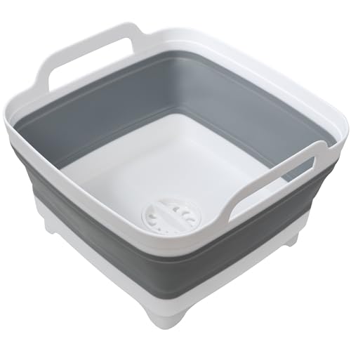 Dishpan for Washing Dishes, 2.4Gal/9L Wash Basin with Draining Plug Carry Handles, Collapsible Bucket for Cleaning, Portable Sink, Foldable Plastic Tub