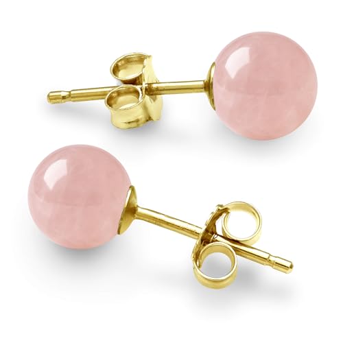 Belacqua Natural 6mm Pink Rose Quartz Stud Earrings in 14k Yellow Gold Push Back Jewelry for Women Gift Box Included