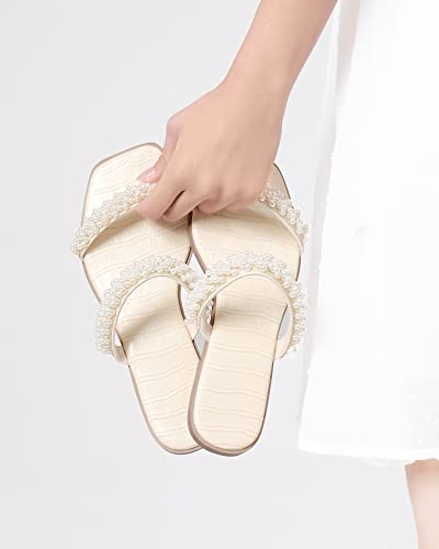 LACUONE Pearl Strap Flat Sandals For Women Slip On Square Open Toe Slides Sandals4