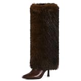 QLR Womens 3.3-inch Kitten Heel Knee High Fur Boots Furry Fuzzy Fluffy Pointed Toe Boots for Women Tall Wide Calf Fall Winter Snow Fold Over Boot with Side Zipper
