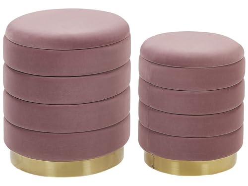 Beliani Conjunto de 2 pufs con almacenaje tapizados en Terciopelo de poliéster Rosa Base de Acero Inoxidable Dorada diseño Moderno Garland