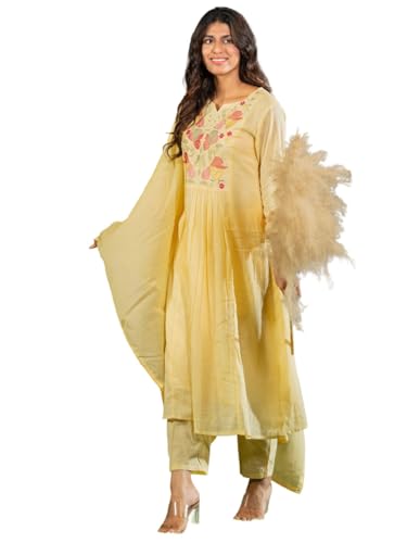 Image of INDO ERA Women's A-Line Pure Cotton Floral Embroidered Kurta & Pant with Dupatta Set (R2STR9793)
