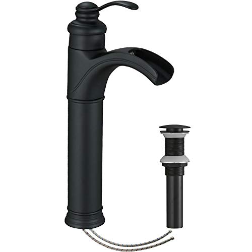 Waterfall Bathroom Faucet Black Matte Vessel Sink Farmhouse Bowl with Pop Up Drain Assembly Tall Single Hole One Handle Mixer Tap Without Overflow Supply Line Lead-Free by Homevacious