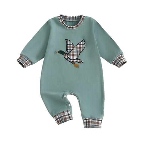 Image of Biayxms Newborn Baby Boy Girl Mallard Duck Outfits Romper Short Sleeve Duck One Piece Jumpsuit Overalls Hunting Baby Clothes