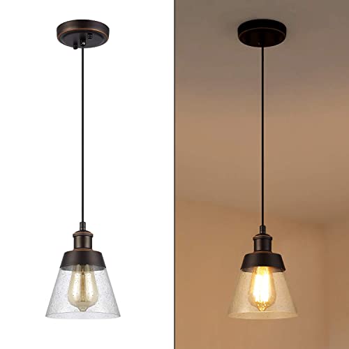 Rustic Glass Pendant Light With Handblown Clear Seeded Glass Shade, One-Light Adjustable Industrial Cone Mini Pendant Lighting Fixture For Kitchen Island Cafe Bar Farmhouse, Oil Rubbed Bronze #TOP6