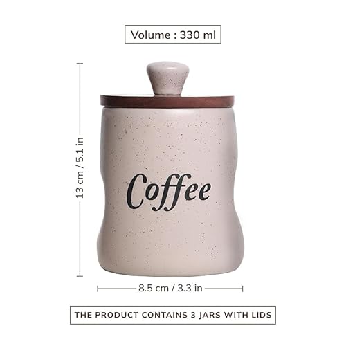 Image of Ceramic Tea Sugar Salt Containers Set of 3 with Wooden Lids | Jar and Container for Kitchen Storage Set | Multi Utility Air Tight Kitchen Organizer Items (Hand-Painted, 330 ML)