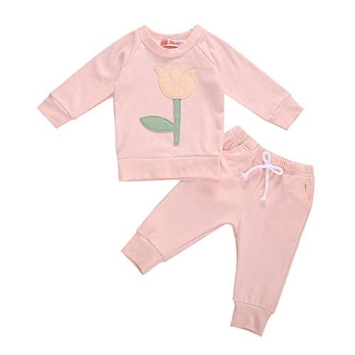 Toddler Baby Girls Autumn Clothes Kids Ruffle Long Sleeve T-Shirt Tops+Elastic Long Pants Leggings Warm Outfit Set (Pink-Floral Top, 6-12 Months)