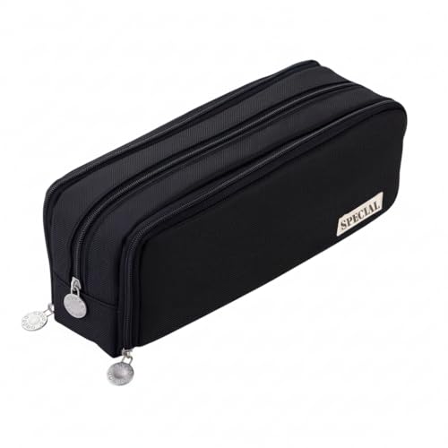 Image of Umadiya Aesthetic Large Pencil Case 3 Compartments Zipper Pencil Pouch Big Capacity Pencil Bag for Kids Girls Boys Student School Supplies Oxford Organizer Cosmetic Makeup Pouch (Black)