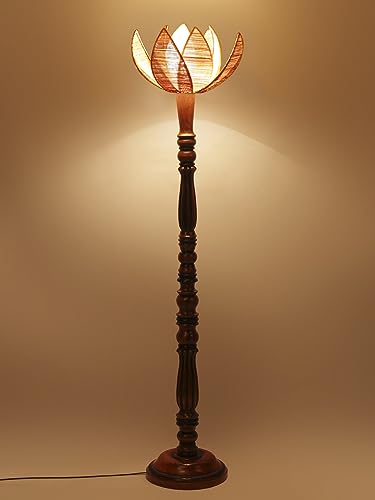 Image of Bamboo Shade Wooden Floor Lamp with Wooden Base, Height - 53 Inches | Contemporary Standing Lamp for Living Room, Bedroom & Office | Elegant Lighting for Stylish Home Interiors | Beige