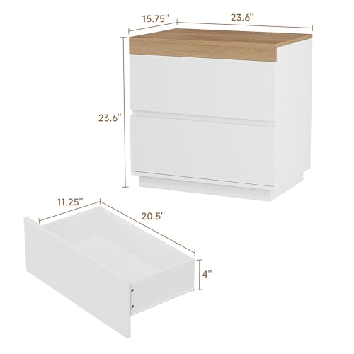 Image of Nightstand Set of 2 with Oak Top, 23.7 inch White Night Stand with 2 Drawers, Modern Bedside Table Wood End Table for Bedroom