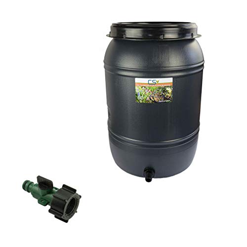 CS Drehdeckelfass 60 Liter grau mit Tankdurchführung und Absperrventil für die drucklose Bewässerung mit CS Perlschlauch Drucklos