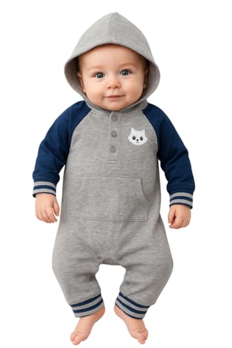 Image of Baby Boys Hooded French Terry Winter Jumpsuit | Warm Long Sleeve One Piece Romper | Newborn to 24 Months | Multiple Colors