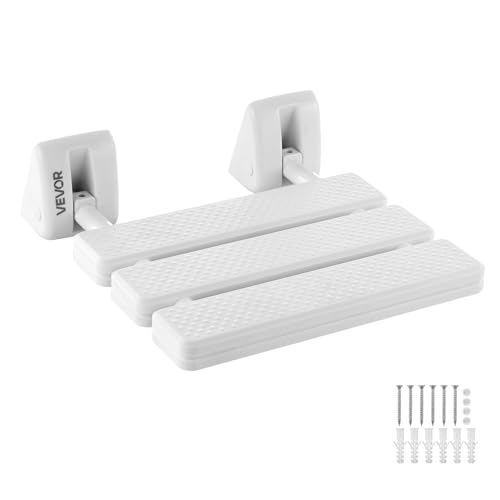 VEVOR Asiento de Ducha Abatible de PP, Silla de Ducha Plegable Montaje en Pared con Marco de Aleación de Aluminio, Taburete de Baño con Capacidad de Carga de 100 kg, para Adultos, Mayores, Blanco