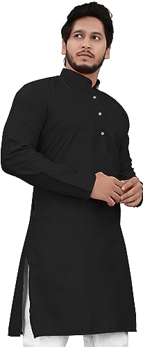Image of Cotton Blend Full Sleeve Long Plain Kurta for Men