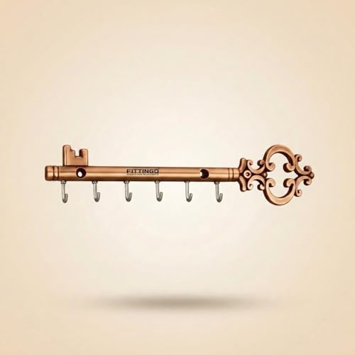 Image of Royal Chavi-Shaped Key Holder /Rajwadi Key Stand with 6 Hook & Brass Metal Wall Mount Key Hanger /Home Decor Gift (Rose Gold)-| 3 Years Warranty |