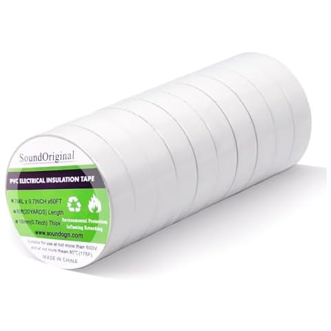 SoundOriginal White Electrical Tape 10-Pack 0.7 Inch by 60 Feet Waterproof Industrial Grade UL/CSA Listed High Temp Electrical Tape Electric Super Vinyl (White 60ft10p) Cover