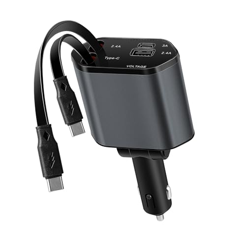 Kwak's Intrekbare autolader, 4-in-1 USB C sigarettenaansteker, adapter met dual type C-kabel, snel opladen, compatibel met iPhone 16 15, Samsung S25/24/23/22 (type C type-C