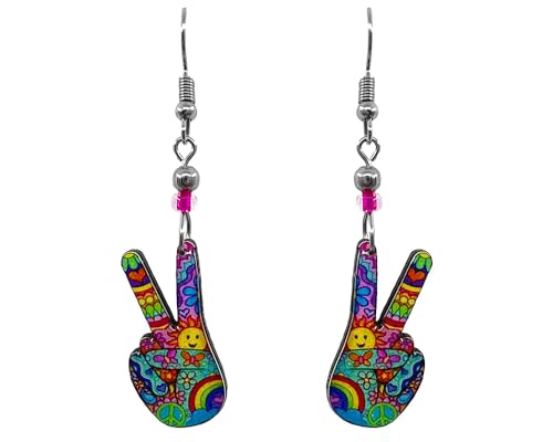 Psychedelic Peace Sign Hands Earrings Hippie Symbol Graphic Dangles - Retro Fashion Handmade Jewelry Trippy Accessories
