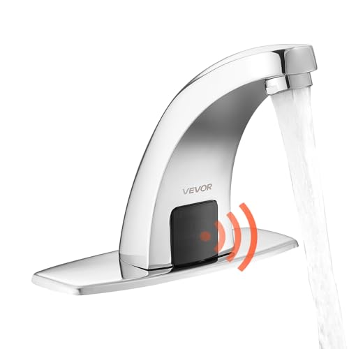 VEVOR Touchless Bathroom Sink Faucet Automatic Motion Sensor Restroom Toilet Faucet with Hole Cover Plate Battery Operated Hot/Cold Water for 9/16 in Pipe Commercial Lavatory Chrome Plated Silver
