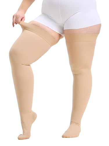 Image of Thigh High Compression Stockings 20-30mmHg Closed Toe - Extra Wide Calf Support for Varicose Veins & Pregnancy, Non-Slip Band, Size 4X-Large, Beige