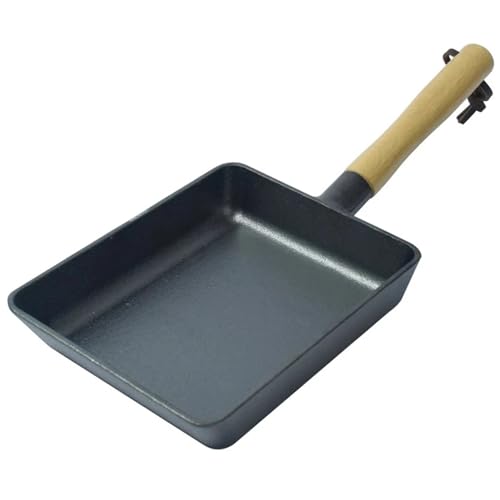 頑丈な鋳鉄製玉子焼き器、木製ハンドル付き日本風オムレツ、長方形の卵焼き器