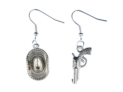 Boucles d'oreille revolver Colt et chapeau de cow-boy Miniblings en argenté