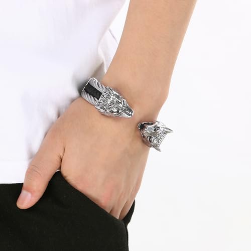 Men's Viking Wolf Head Bracelet 316 Stainless Steel Leather Open Cuff Tribal Retro Wolf Twisted Cable Cuff Bangle Vintage Gothic4