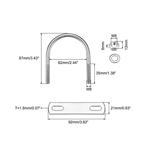 Image of uxcell Round U-Bolts, 62mm(2.44 inch) Inner Width 87mm Length M8 304 Stainless Steel U Clamp Bolt with Nuts Washers and Plates, for Boat Trailer