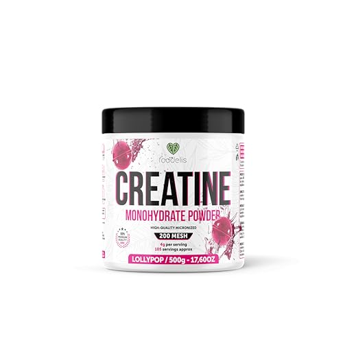 Foodelis Creatina Monohidratada en Polvo 500 g – Sabor Lollipop – 100% Creatina Micronizada – Alta Pureza – Sin Aditivos – Vegana – Alta Solubilidad – Incluye Dosificador