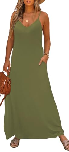 Image of Bluetime Women Summer Spaghetti Strap Maxi Dress V-Neck Sleeveless Flowy Boho Floral Beach Long Dress with Pockets