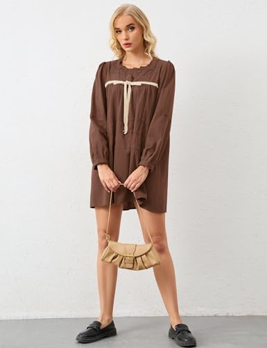 Women Flowy Long Puff Sleeve Mini Dress Casual Square Neck Lace Embroidered Babydoll Dress Bow Tie A-line Tunic Dress4