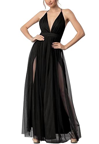 Women's Sexy Deep V Neck Spaghetti Straps Tulle Bridesmaid Dresses Long with Slit A Line Wedding Dresses Party Gowns