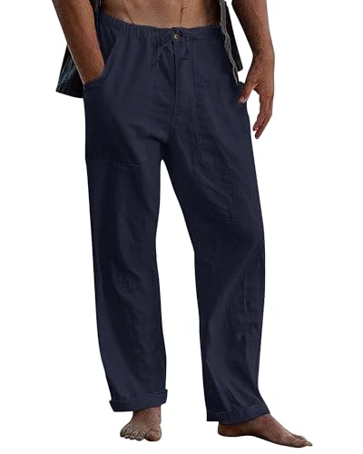 LVCBL Herren Leinen Losehose mit Kordelzug Sommer-Strandhose Marine M