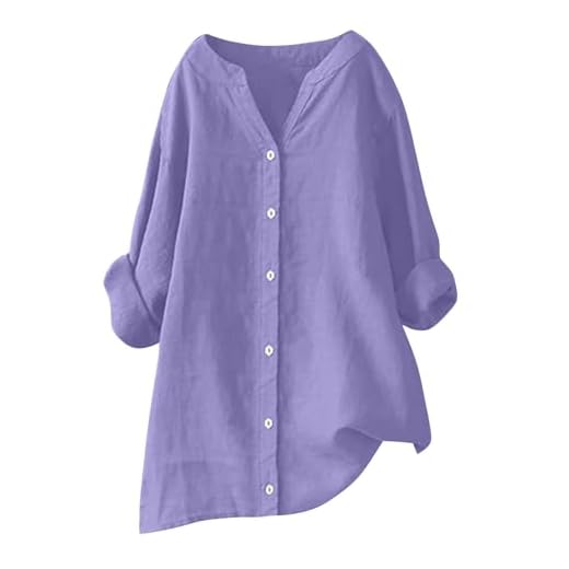 RLEHJN Chemisier Coton Et Lin pour Femmes T-Shirt À Manches Longues Boheme Col V Boutonné Shirt Basique Casual Tuniques Blouse Lâche Respirant T-Shirts Vetement Femme Ete Solde Cadeau Pas Cher