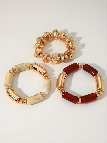 Gold Bracelet Stack For Women, 3Pcs Jade Vintage Chunky Stackable Stretch Boho Western Adjustable Bracelet Stacks Statement Dainty Tarnish Free Waterproof Jewelry Gift3