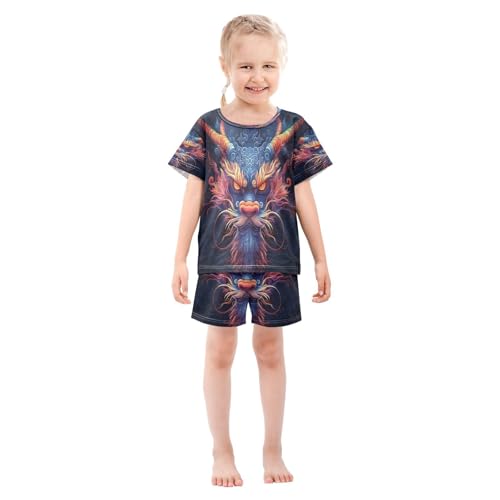 ALAZA Colored Dragon Black Pajamas Set Short Sleeve Cotton Sleepwear Summer Pjs 2 Piece 5-14Y3