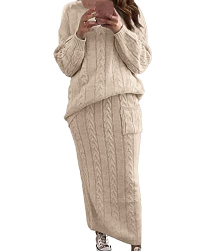 Image of Sexyshine Women's Cable Knit Long Skirt 2 Piece Outfit Chunky Oversized Pullover Sweater Top and Long Pencil Skirt Sets