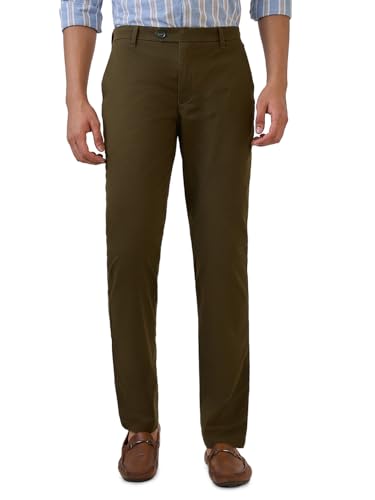 Image of Raymond Men Slim Fit Solid Pattern Cotton Elastane Blend Flat Front Casual Trouser