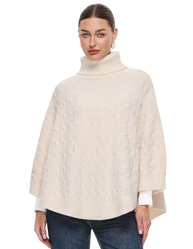PULI Womens Luxury Cream Turtleneck Sweater Poncho Fashion Thick Cable Knit Cape Wrap Pullover Chunky Warm Shawls for Fall Winter