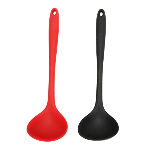 Multifunctional Black and Red Silicone Soup Spoon Silicone Soup Spoon Multifunctional Spoon for Kitchen Cooking Silicone Kitchen Cooking Spoon with Round Hanging Hole