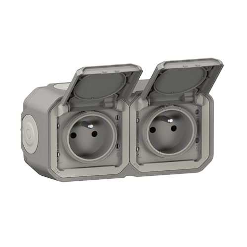 Prise de courant Double précâblée 2x2P+T 16A 250V~ LEGRAND étanche Plexo Gris IP55 IK08 livré complet pour fixation saillie