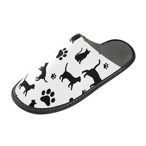 ODAWA Black Cat Paw Prints White Memory Foam House Shoe Slippers for Elderly Women, Slip On House Shoes for Women Size 4-52