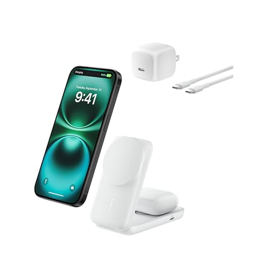 【Amazon.co.jp限定】Belkin Qi2 25W Ultra Charge ワイヤレス充電器 2-in-1 スクエアモデル Qi2公式認証/MagSafe対応 急速充電 iPhone 16/15/14/13/12対応 スタンバイモード対応 折りたたみ可能 持ち運びにも最適 ホワイト WIZ038dqWH ※Amazon.co.jp限定 壁紙ダウンロード付き