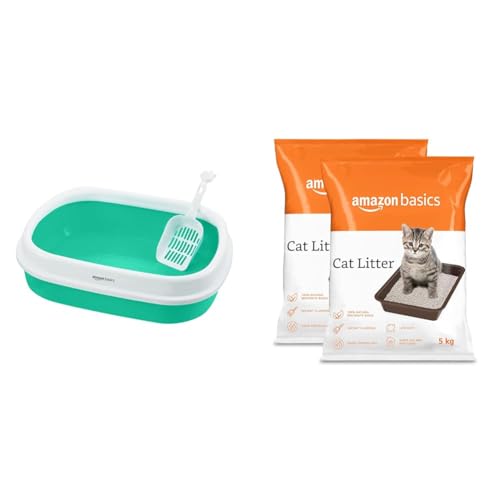 Image of Amazon Basics Cat Litter Box Tray with Free Scooper, Green & Amazon Basics Scoopable White Bentonite Cat Litter | Unscented | 5Kg - Pack of 2